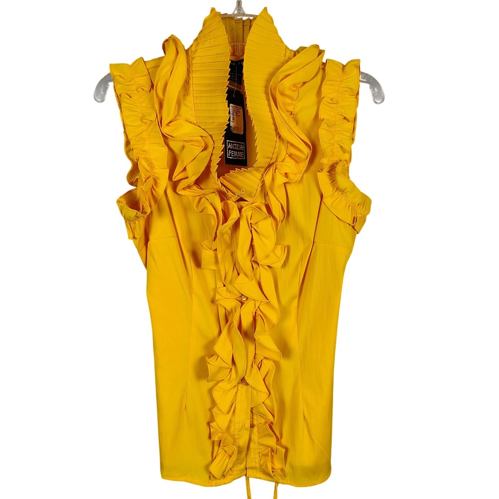 NWT Antilia Femme Womens L Ruffle Pleated Sleeveless Top Yellow Stretch Y2K Core